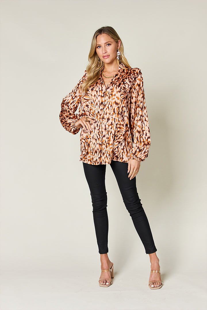 Double Take Full Size Printed Ruffle Trim Balloon Sleeve Shirt – Caramel Women's Top by Double Take
