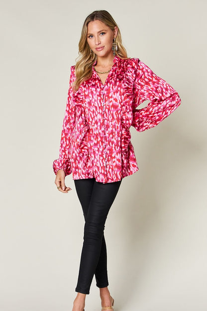 Double Take Full Size Printed Ruffle Trim Balloon Sleeve Shirt – Hot Pink Women's Top by Double Take