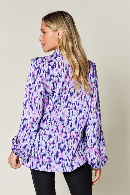 Double Take Full Size Printed Ruffle Trim Balloon Sleeve Shirt – Hot Pink Women's Top by Double Take