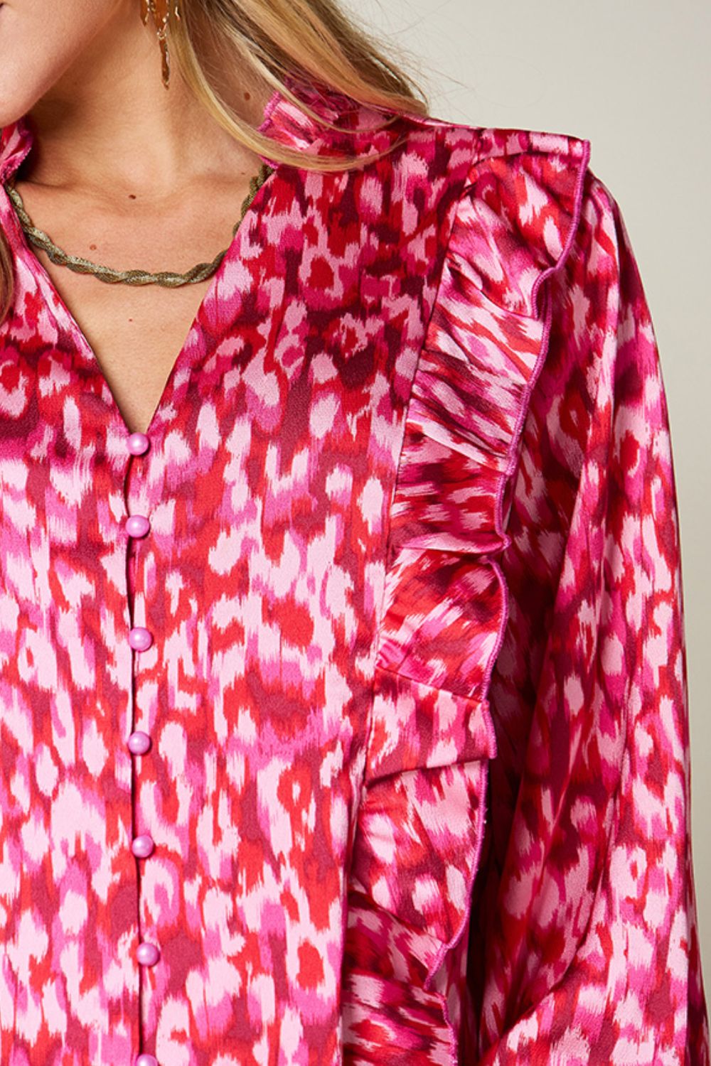 Double Take Full Size Printed Ruffle Trim Balloon Sleeve Shirt – Hot Pink Women's Top by Double Take