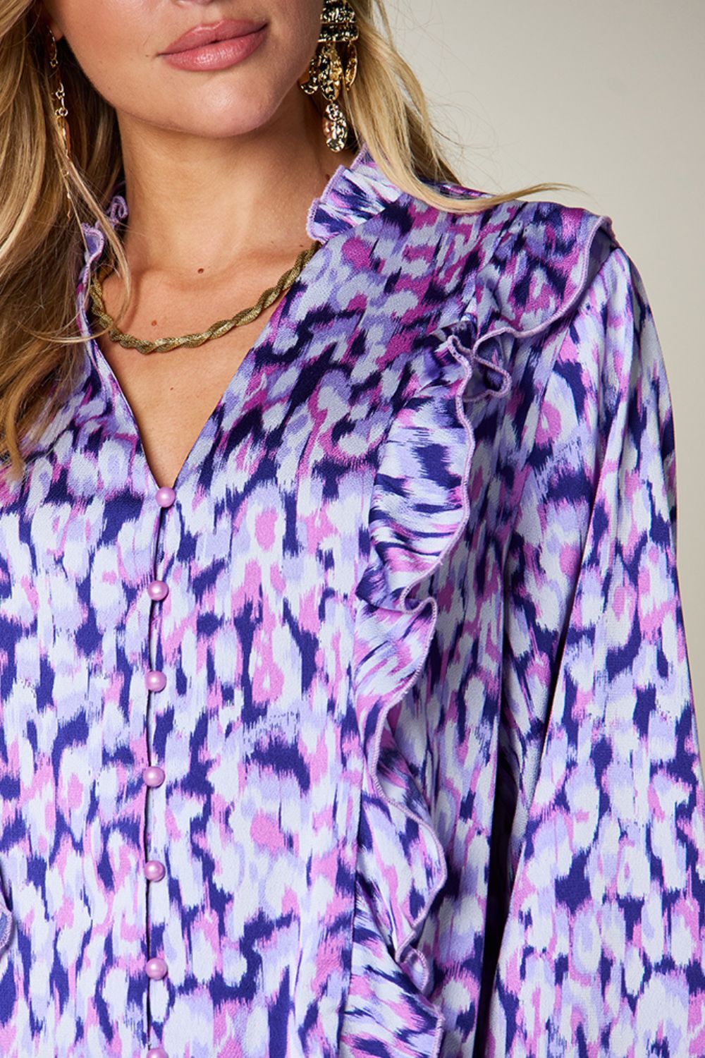 Double Take Full Size Printed Ruffle Trim Balloon Sleeve Shirt – Hot Pink Women's Top by Double Take