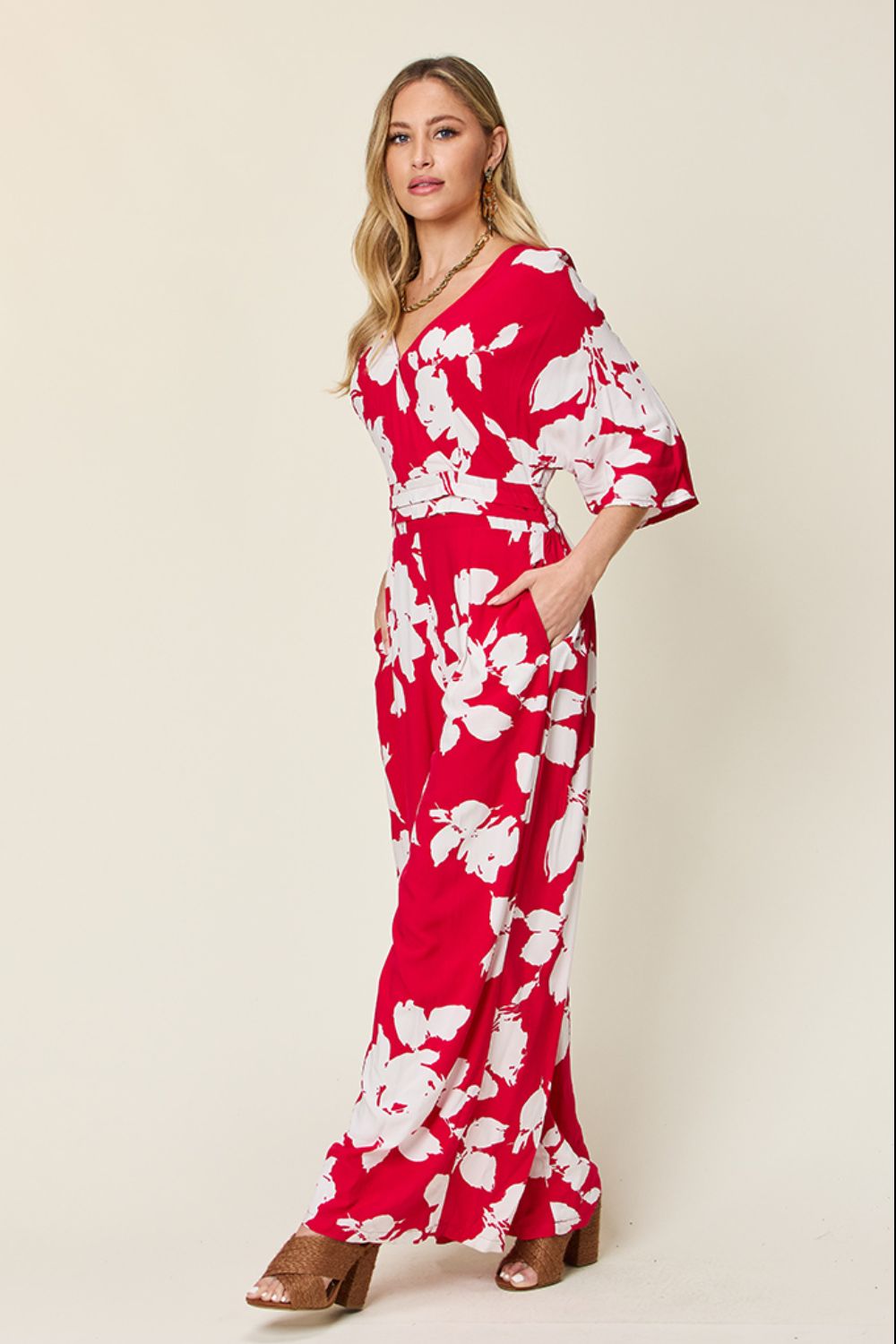 Double Take Full Size Printed Tie Back Wide Leg Jumpsuit – Deep Rose Apparel for Double Take (6 view)