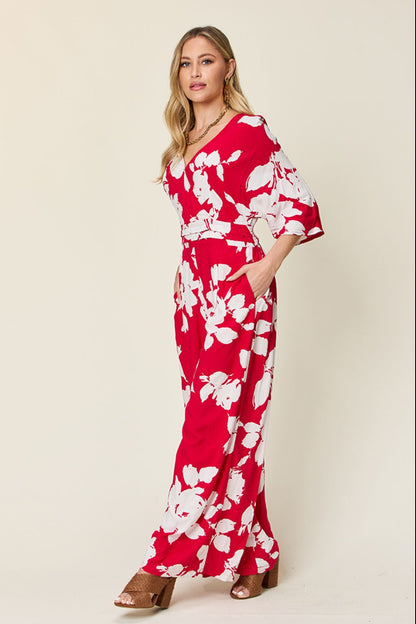 Double Take Full Size Printed Tie Back Wide Leg Jumpsuit – Deep Rose Apparel for Double Take (6 view)