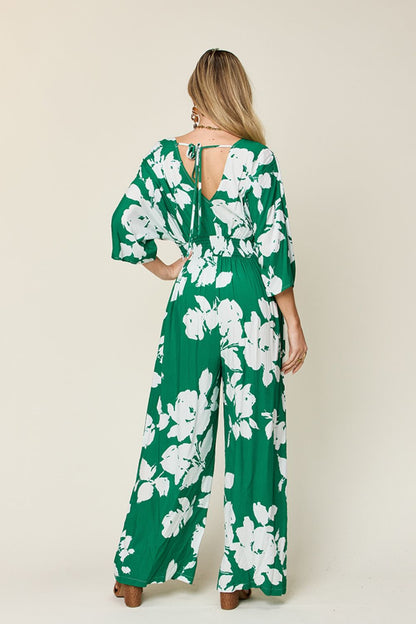Double Take Full Size Printed Tie Back Wide Leg Jumpsuit – Green Apparel for Double Take (3 view)