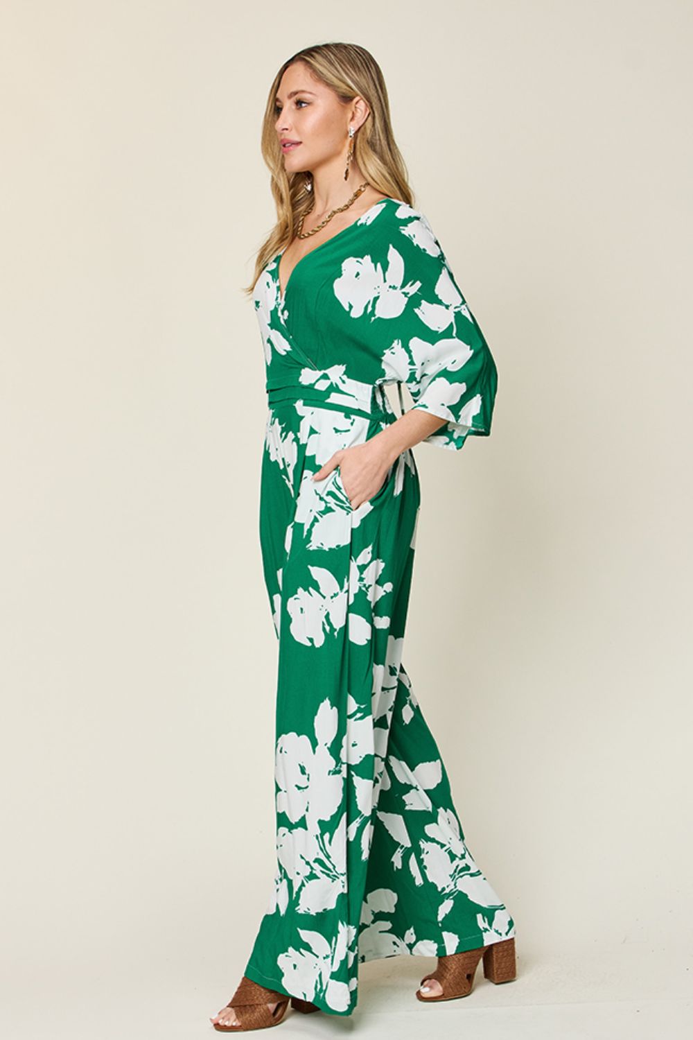 Double Take Full Size Printed Tie Back Wide Leg Jumpsuit – Green Apparel for Double Take (2 view)
