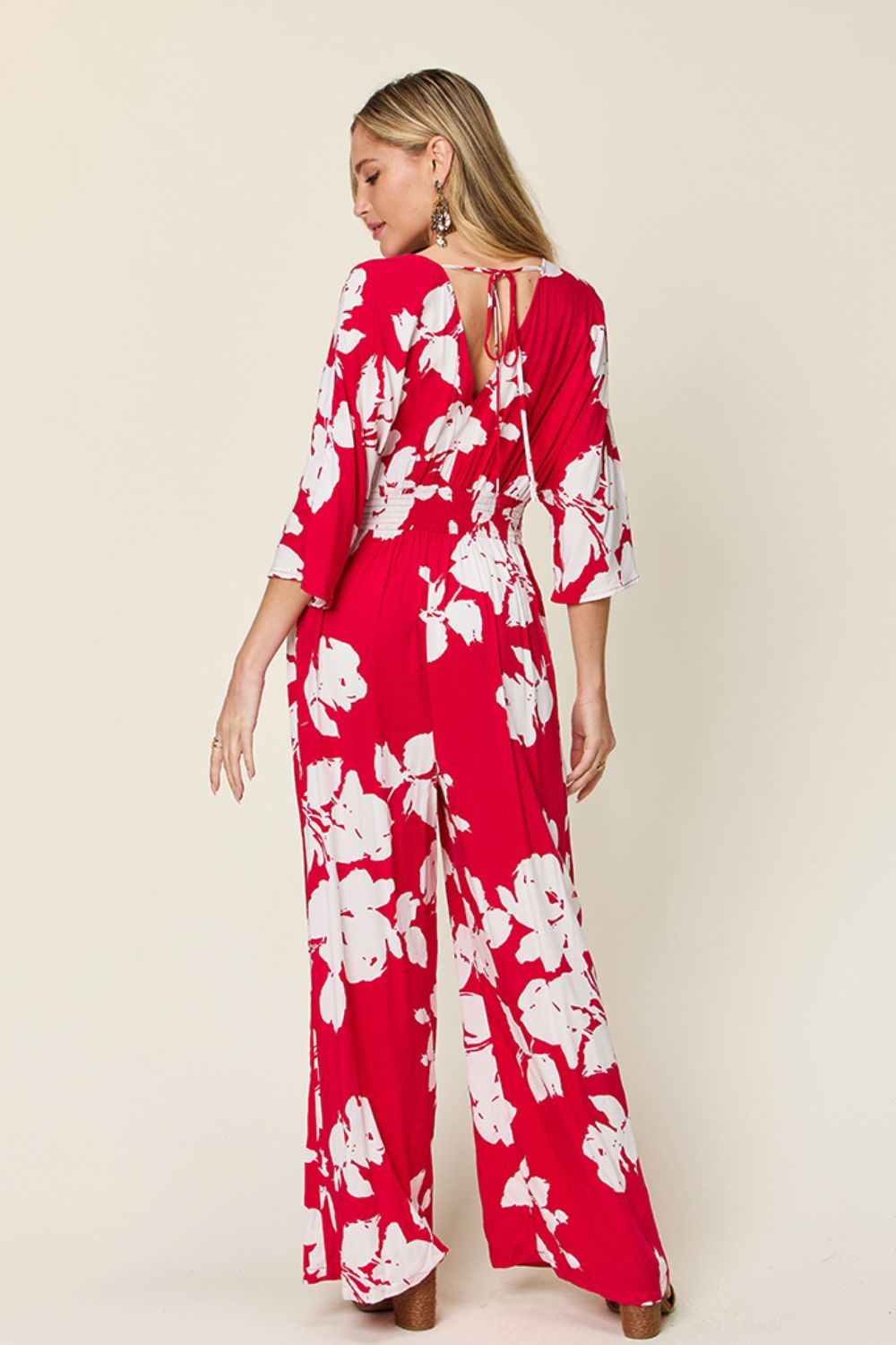 Double Take Full Size Printed Tie Back Wide Leg Jumpsuit – Deep Rose Apparel for Double Take (7 view)