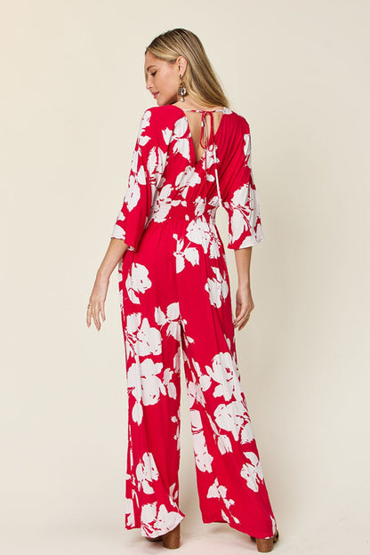 Double Take Full Size Printed Tie Back Wide Leg Jumpsuit – Deep Rose Apparel for Double Take (7 view)