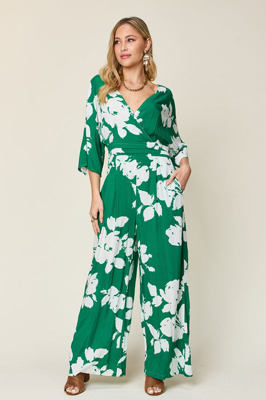Double Take Full Size Printed Tie Back Wide Leg Jumpsuit – Green Apparel for Double Take (1 view)