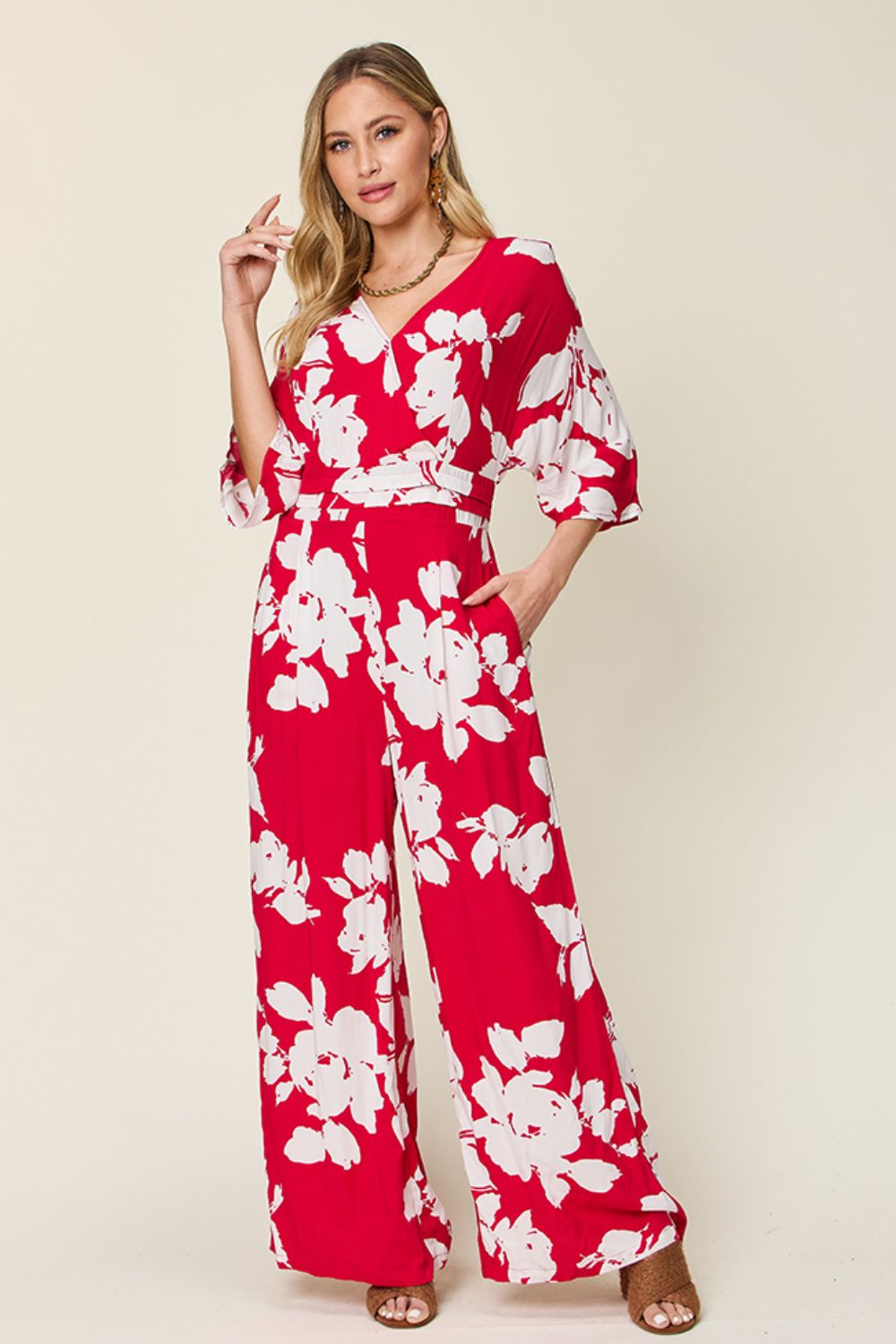 Double Take Full Size Printed Tie Back Wide Leg Jumpsuit – Deep Rose Apparel for Double Take (5 view)