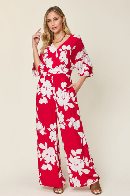 Double Take Full Size Printed Tie Back Wide Leg Jumpsuit – Deep Rose Apparel for Double Take (5 view)
