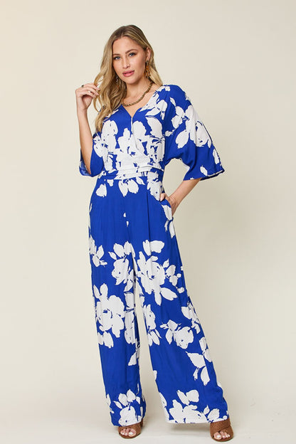 Double Take Full Size Printed Tie Back Wide Leg Jumpsuit – Royal Blue Apparel for Double Take (9 view)