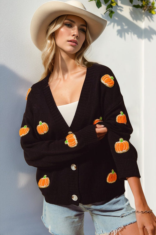 Double Take Full Size Pumpkin Button Up Long Sleeve Cardigan – Black sweater by Double Take