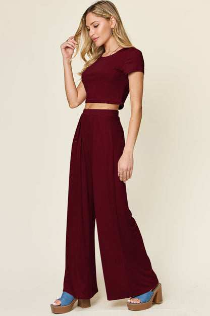 Double Take Full Size Round Neck Top and Pants Set – Burgundy Apparel for Double Take (8 view)
