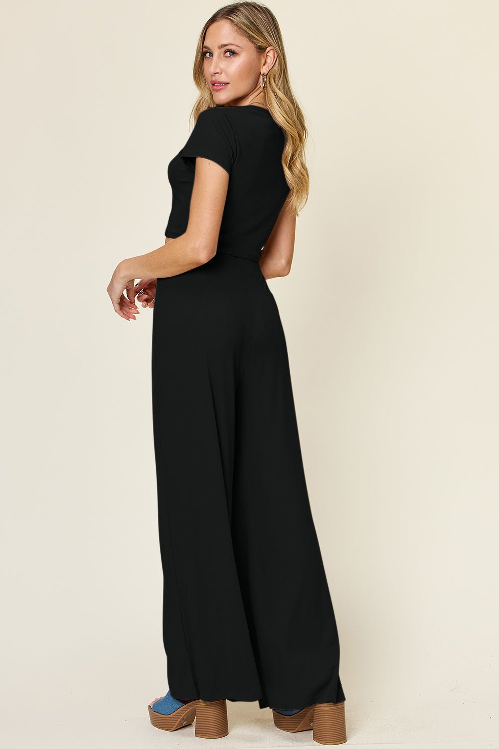 Double Take Full Size Round Neck Top and Pants Set – Black Apparel for Double Take (3 view)