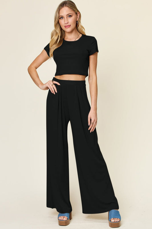 Double Take Full Size Round Neck Top and Pants Set – Black Apparel for Double Take (1 view)