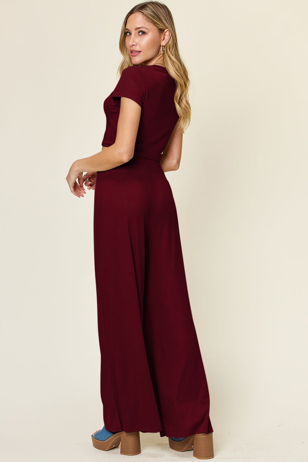Double Take Full Size Round Neck Top and Pants Set – Burgundy Apparel for Double Take (9 view)