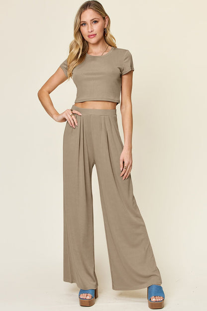 Double Take Full Size Round Neck Top and Pants Set – Mocha Apparel for Double Take (4 view)
