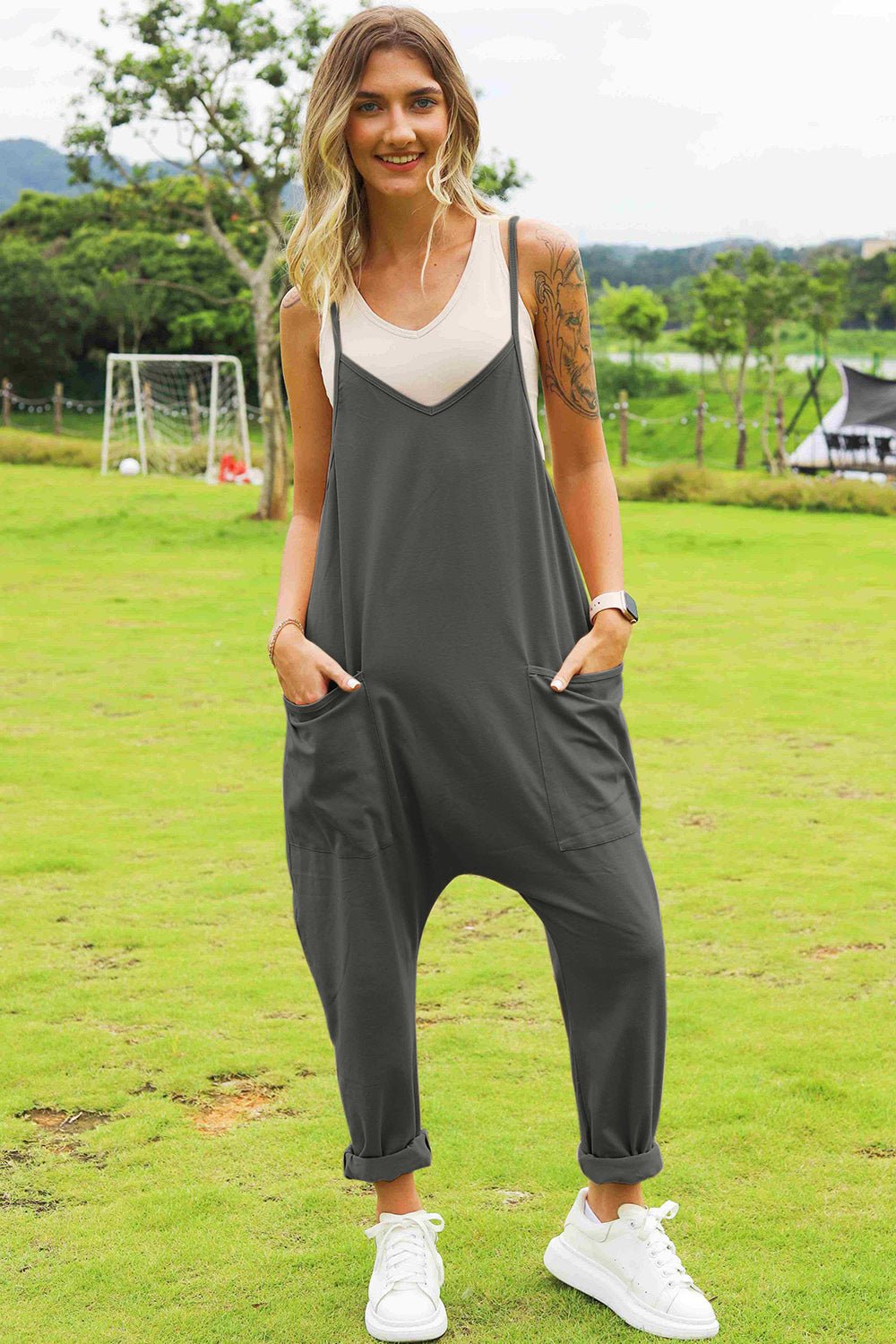 Double Take Full Size Sleeveless V - Neck Pocketed Jumpsuit – Dark Gray Apparel by Double Take