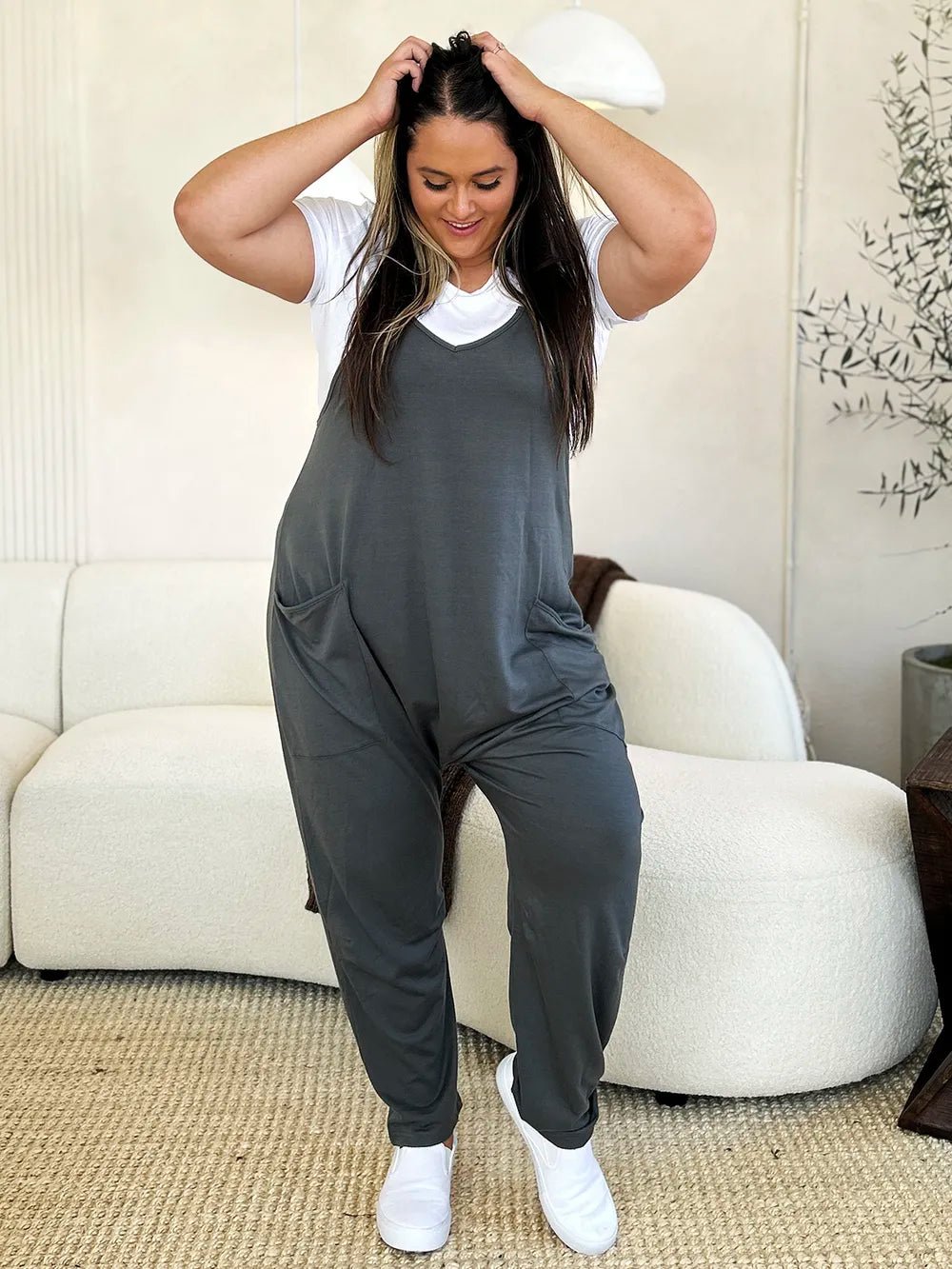 Double Take Full Size Sleeveless V - Neck Pocketed Jumpsuit – Dark Gray Apparel by Double Take