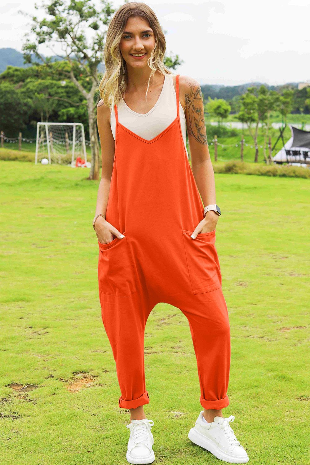 Double Take Full Size Sleeveless V - Neck Pocketed Jumpsuit – Orange Apparel by Double Take