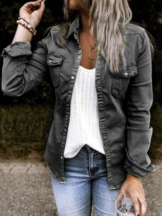 Double Take Full Size Snap Down Long Sleeve Shacket – Black Jacket by Double Take