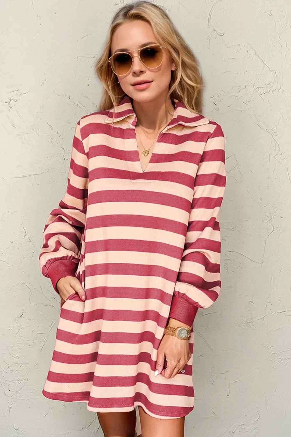 Double Take Full Size Striped Contrast Collared Neck Long Sleeve Dress – Deep Rose Dresses by Double Take