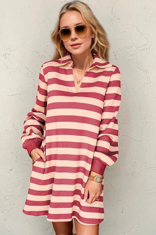 Double Take Full Size Striped Contrast Collared Neck Long Sleeve Dress – Deep Rose Dresses by Double Take
