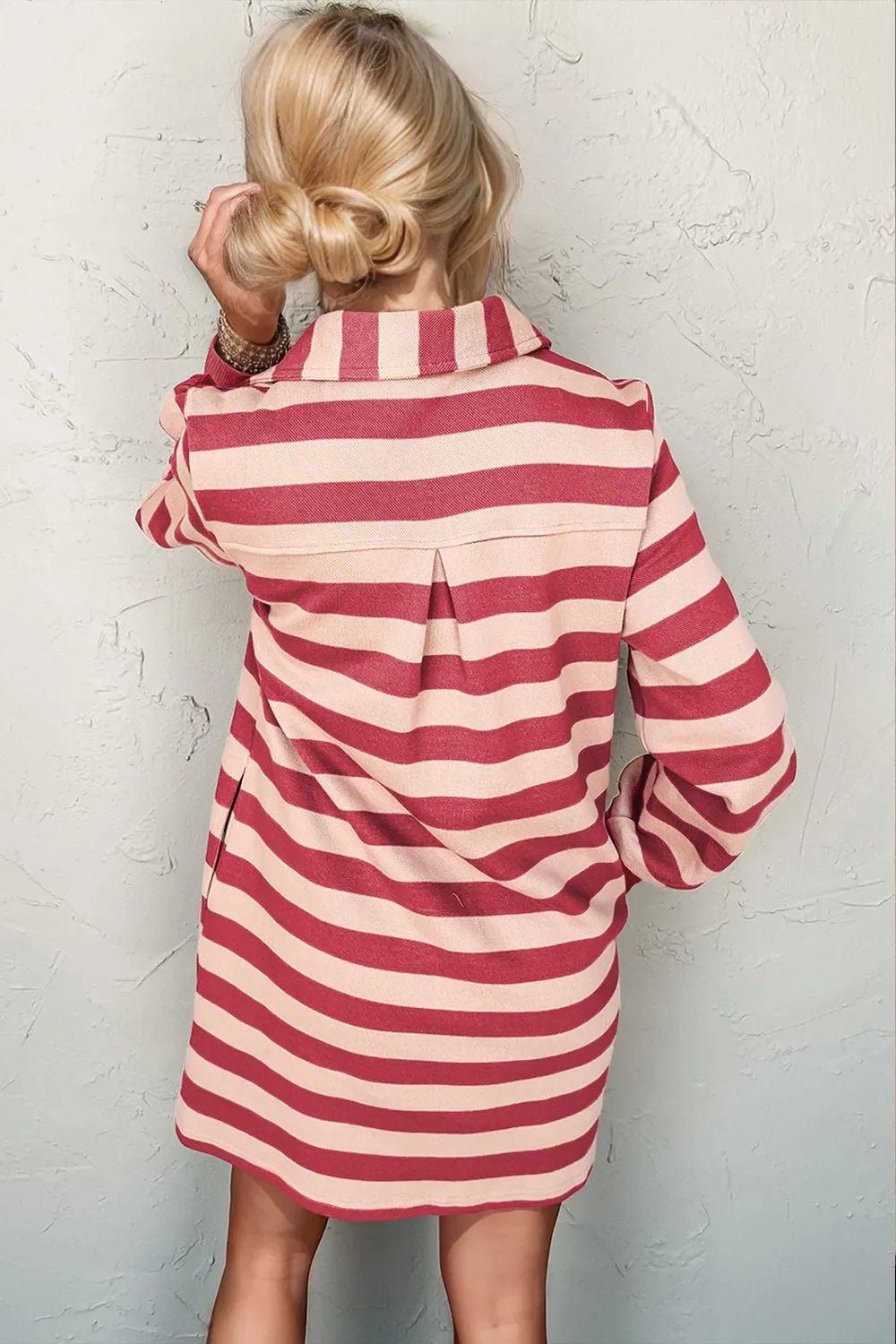 Double Take Full Size Striped Contrast Collared Neck Long Sleeve Dress – Deep Rose Dresses by Double Take