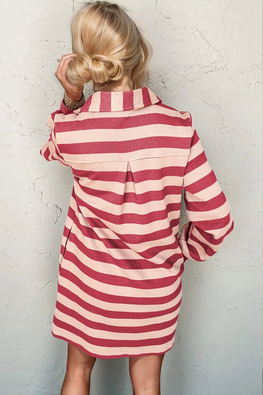 Double Take Full Size Striped Contrast Collared Neck Long Sleeve Dress – Deep Rose Dresses by Double Take