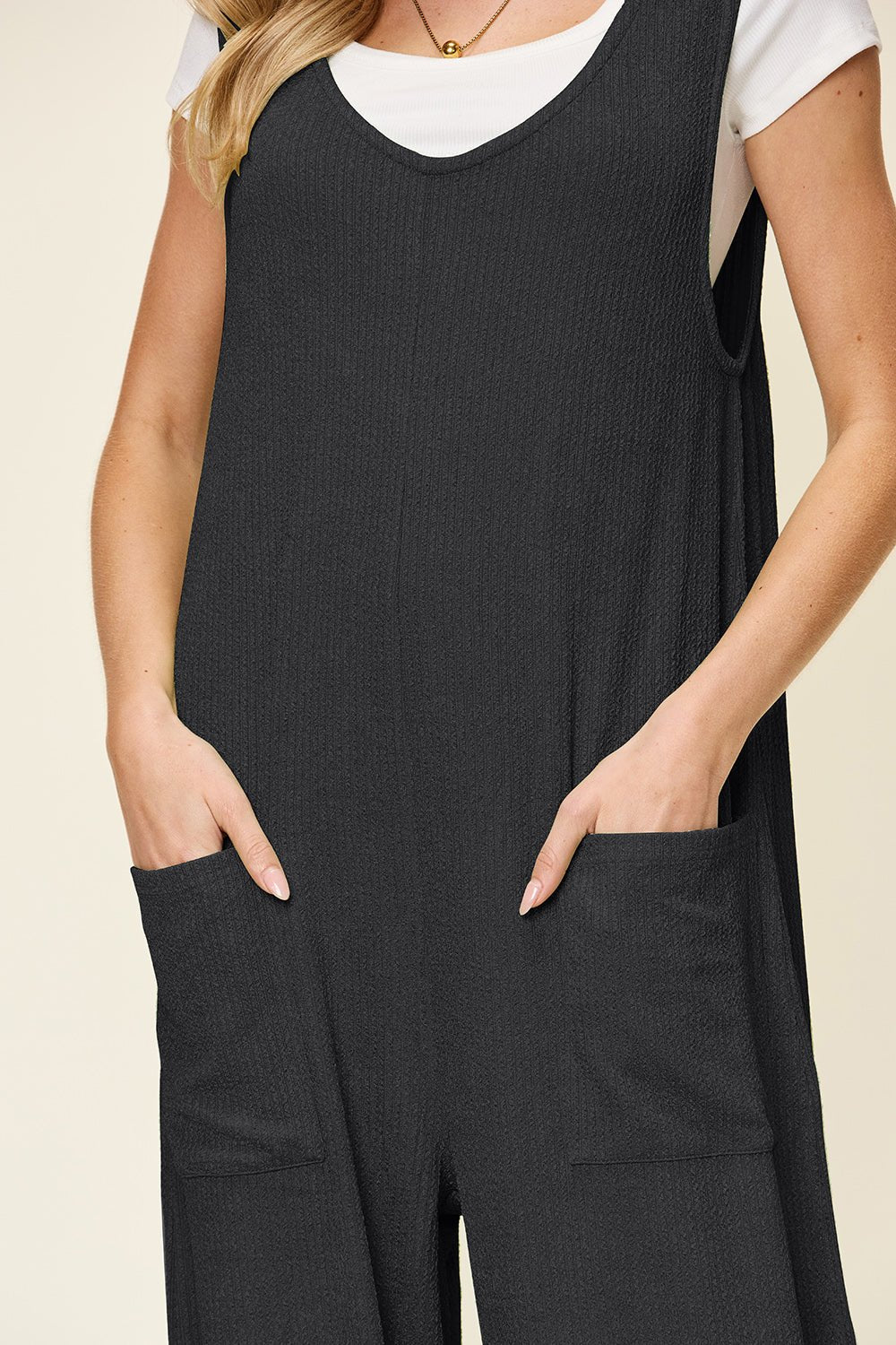 Double Take Full Size Texture Sleeveless Wide Leg Jumpsuit – Black Apparel by Double Take