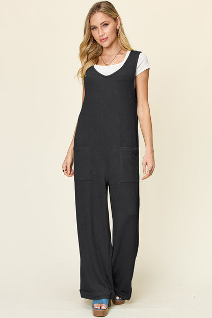 Double Take Full Size Texture Sleeveless Wide Leg Jumpsuit – Black Apparel by Double Take