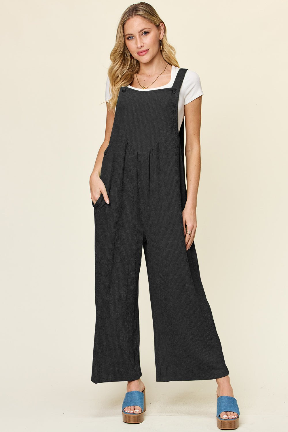 Double Take Full Size Texture Sleeveless Wide Leg Overall – Black Apparel by Double Take