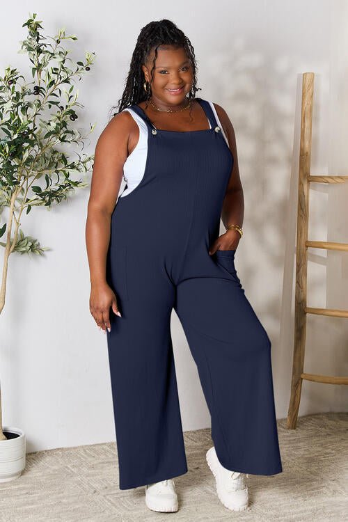 Double Take Full Size Wide Strap Overall with Pockets – Dark Navy by Double Take