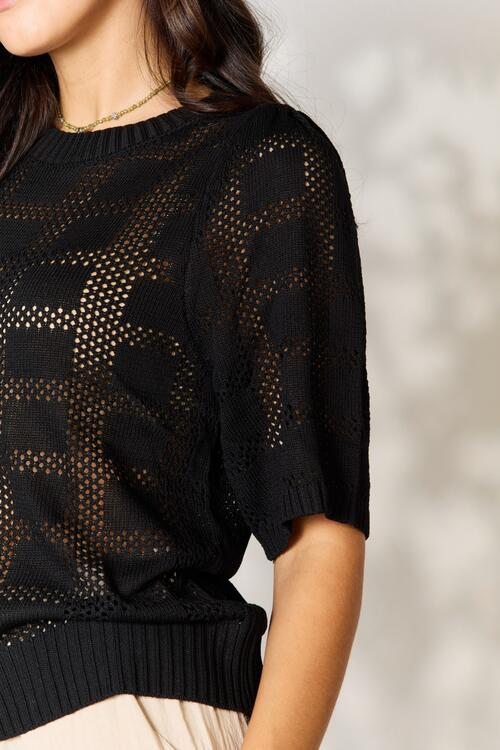 Double Take Ribbed Trim Round Neck Knit Top – Black by Double Take