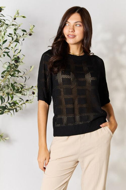 Double Take Ribbed Trim Round Neck Knit Top – Black by Double Take