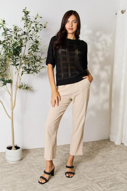 Double Take Ribbed Trim Round Neck Knit Top – Black by Double Take