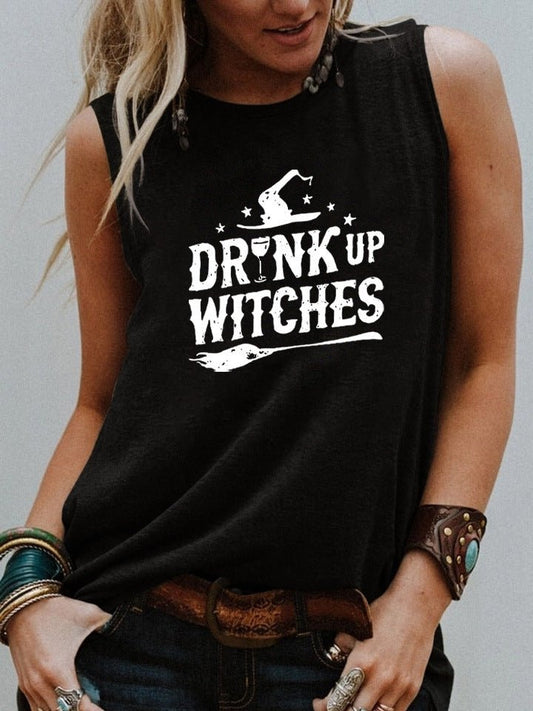Drink Up Witches Halloween Tank – Funny Sleeveless Shirt for Women | Casual Witchy Fall Tee, Spooky Party Top, Wine & Broomstick Vibes – Black and white Women's Top for funny t-shirt (2 view)