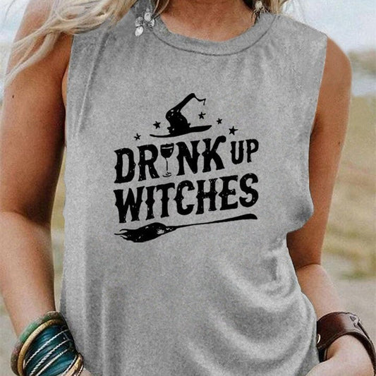 Drink Up Witches Halloween Tank – Funny Sleeveless Shirt for Women | Casual Witchy Fall Tee, Spooky Party Top, Wine & Broomstick Vibes – Black and white Women's Top for funny t-shirt (1 view)