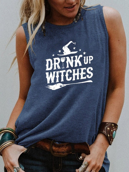 Drink Up Witches Halloween Tank – Funny Sleeveless Shirt for Women | Casual Witchy Fall Tee, Spooky Party Top, Wine & Broomstick Vibes – Blue white Women's Top for funny t-shirt (4 view)