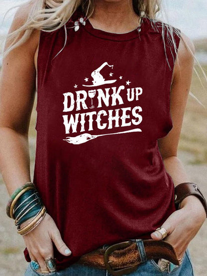 Drink Up Witches Halloween Tank – Funny Sleeveless Shirt for Women | Casual Witchy Fall Tee, Spooky Party Top, Wine & Broomstick Vibes – Wine red and white Women's Top for funny t-shirt (8 view)