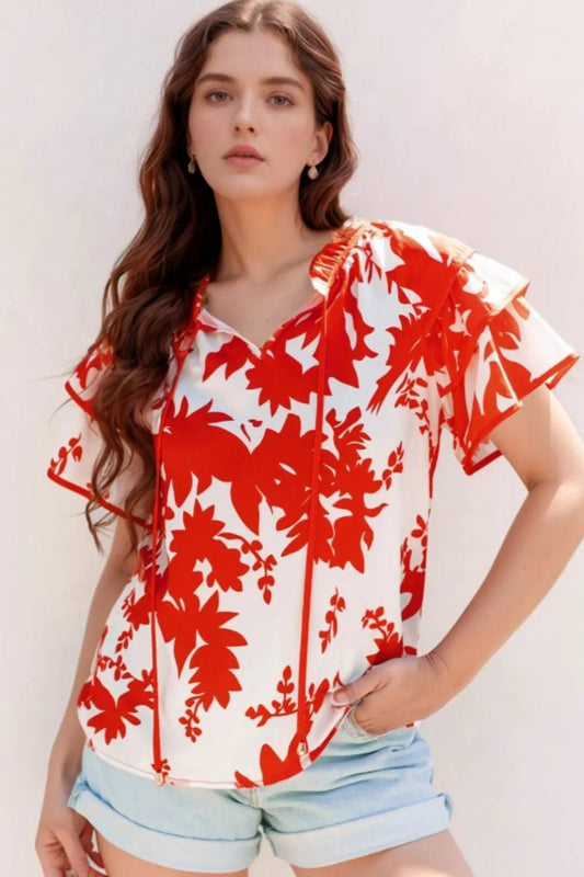 Plant Print Tiered Ruffled Sleeve Tie Neck Blouse – Red for Shopify Collective (1 view)