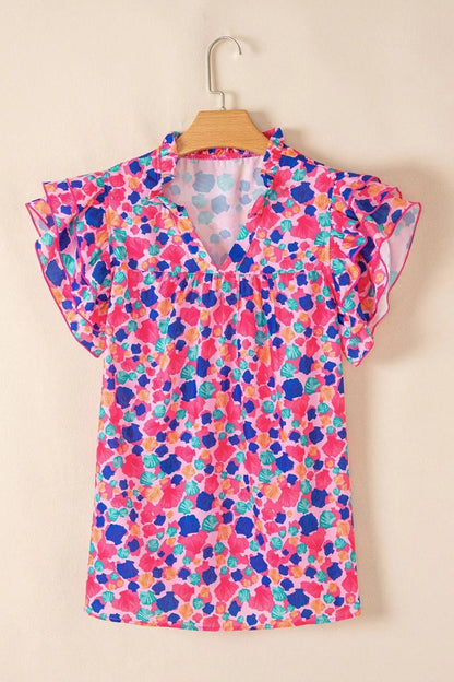 Abstract Print Ruffled Sleeve Notched Blouse – Floral for Shopify Collective (6 view)