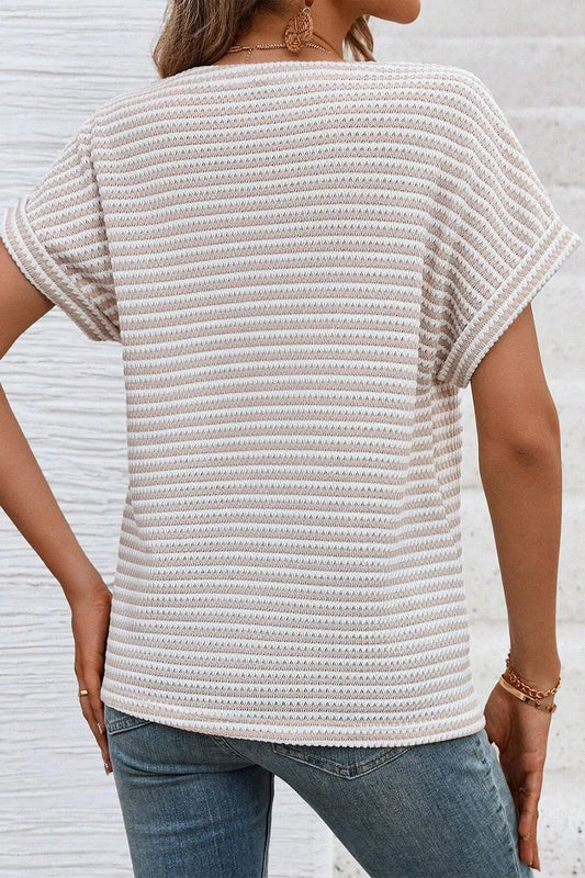 Stripe Buttoned Front V Neck T Shirt – Khaki by Simply Love