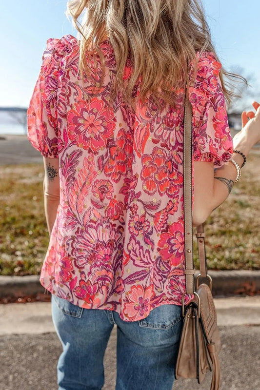 Floral Print Ruffled Puff Short Sleeve Blouse – Strawberry for Shopify Collective (2 view)