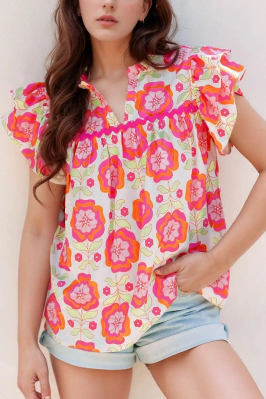 Floral Ruffled Sleeve Ric - Rac Trim Split Neck Loose Blouse – Floral by Simply Love