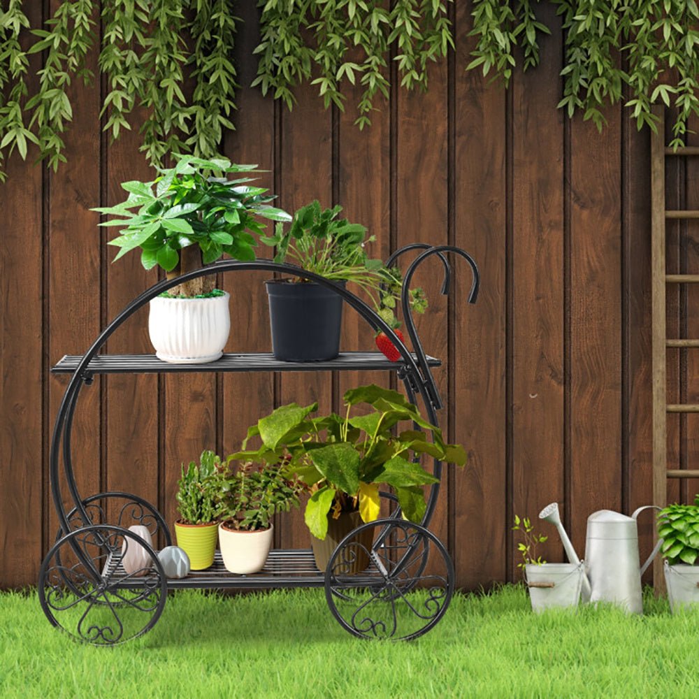 Heavy Duty Metal Flower Cart – Vintage Garden Plant Stand | – Black Backpack for flower cart (3 view)