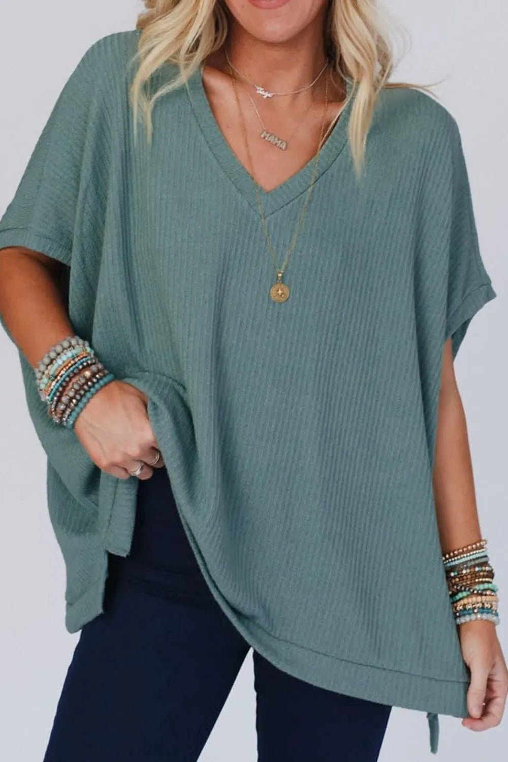 Oversized Ribbed Knit V Neck Dolman Short Sleeve Top – Air Force Blue by Simply Love
