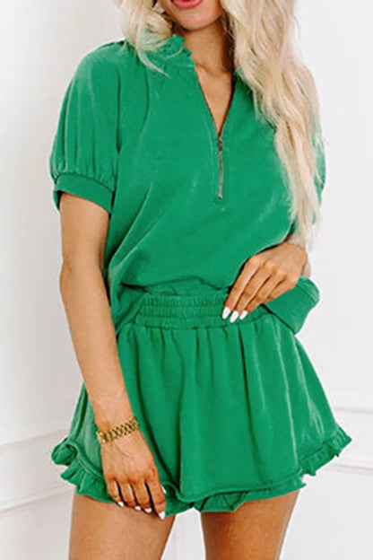 Frill Zip Front Puff Sleeve Top and Skort Set – Green for Shopify Collective (6 view)
