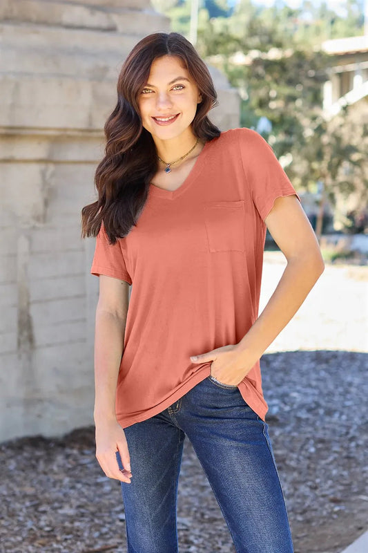 Basic Bae Bamboo Full Size V - Neck Short Sleeve T-Shirt – Watermelon pink for Shopify Collective (1 view)