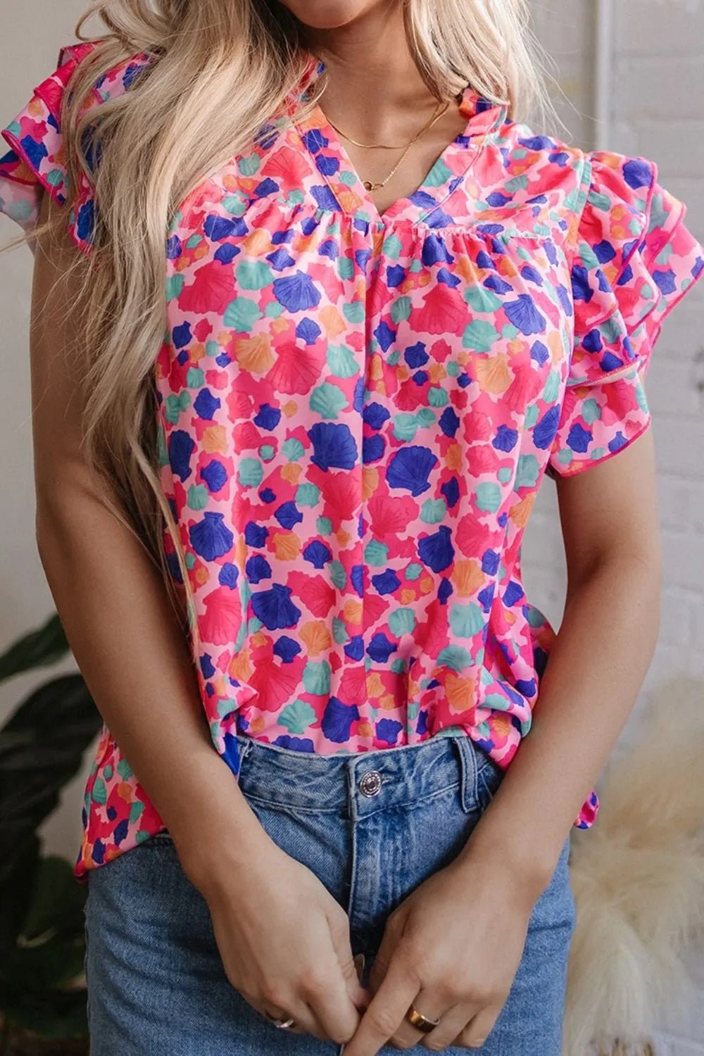 Abstract Print Ruffled Sleeve Notched Blouse – Floral for Shopify Collective (5 view)